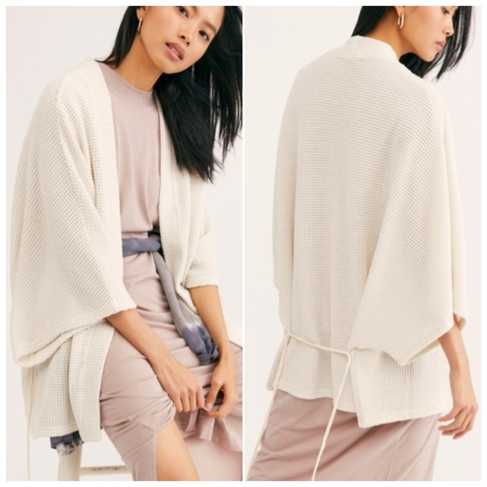 Free People Waffle Knit Caravan Oversized Kimono Cardigan Sweater w/ Belt OS